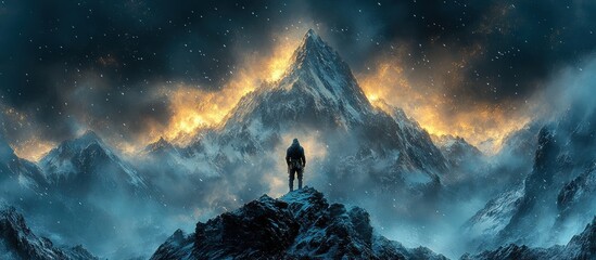 Fototapeta premium Lone Figure on Mountain Peak at Dawn