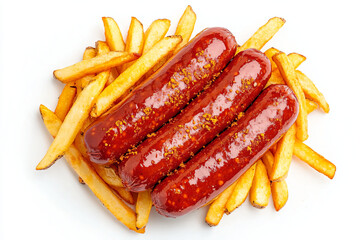 a hot dog and french fries on a white plate