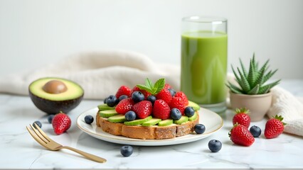 Delicious berry avocado toast with green smoothie, perfect for a healthy breakfast or a nutritious snack