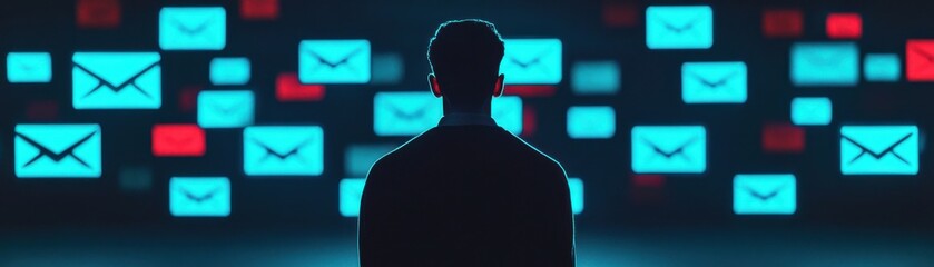 A figure stands against a backdrop of floating email icons, symbolizing digital communication and the overwhelming nature of information.