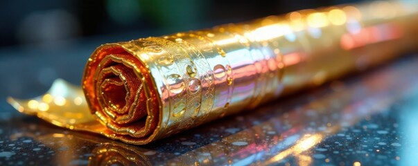 Iridescent gold foil wrapping on a sleek glass surface, elegance, shine
