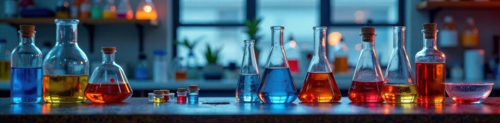 Laboratory equipment on a workbench filled with chemicals, test tubes, glassware