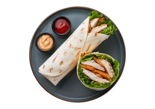 Chicken wrap top view full length isolated on transparent or white background