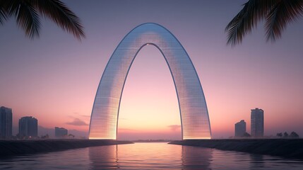 Futuristic Archway Building at Twilight Water Reflection Urban Scenery with Silhouetted Skyline