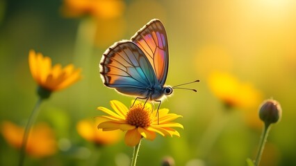Colorful Butterfly on Yellow Flower in Golden Light: A Close-Up Portrait of Natural Beauty
