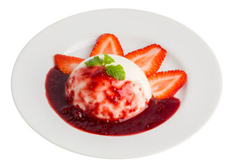 Delicious Italian dessert Panna Cotta with Strawberry, mint and berries sauce in a plate isolated on a transparent background.
