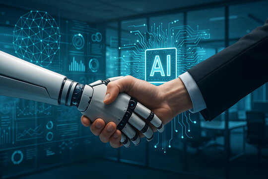 Futuristic business partnership with handshake between human and robot symbolizing artificial intelligence collaboration digital transformation and technology integration in corporate environment