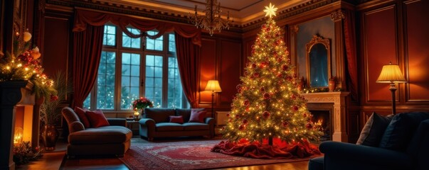 Obraz premium Luxurious Christmas tree adorned with vibrant lights and garlands in a grand living room, Living Room, Holiday Decorations