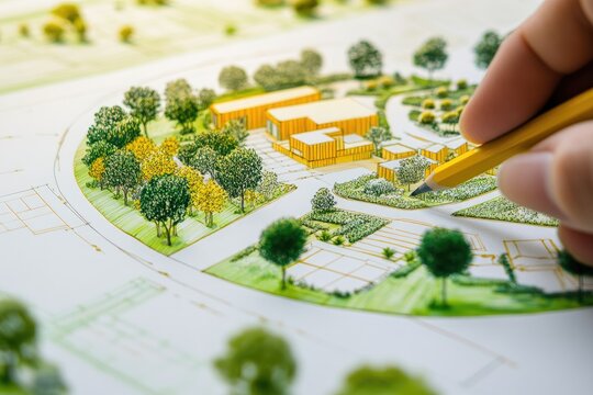 Architectural design of a landscape plan.  Hand drawing a detailed site plan, incorporating buildings and landscaping