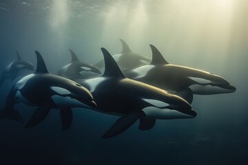 Obraz premium Orcas Glide Gracefully Through the Ocean in Synchronized Formations Showcasing Their Elegance and Teamwork Beneath the Shimmering Surface of the Water