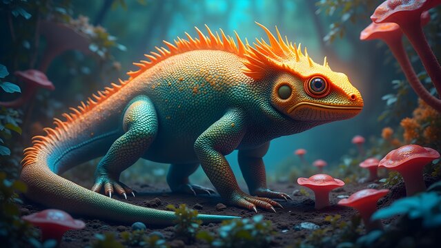 Vibrant Iguana with Orange Crest in Enchanted Forest Surrounded by Red Mushrooms - Powered by Adobe