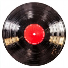 Vinyl record close-up; glossy black with red center label and grooves. Nostalgia, music, audio