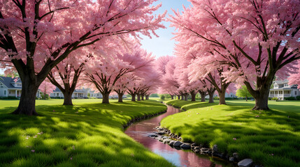 Fototapeta premium Cherry Blossom Trees in Full Bloom Forming a Tunnel in a Serene Spring Park