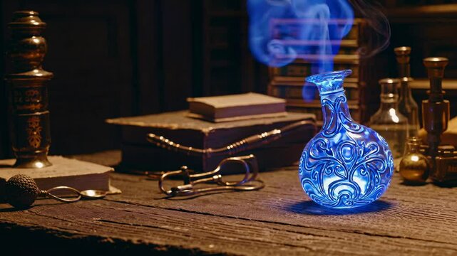 A mystical video scene with a low-angle view of a glowing blue potion bottle emitting smoke, surrounded by vintage books and tools on a wooden table.