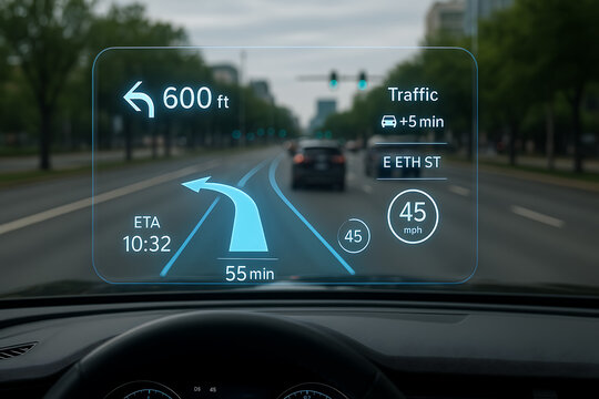 Futuristic augmented reality heads up display navigation interface showing driving directions traffic speed and estimated time of arrival on smart windshield in modern city environment - Powered by Adobe