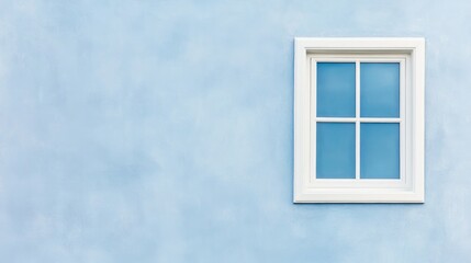 White framed window against a pastel blue textured wall