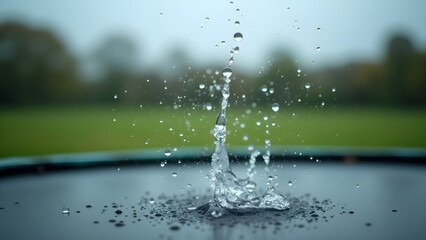 Water splash on surface with droplets and blurry background. Dynamic, refreshing and natural environment.
