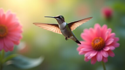 Naklejka premium Hummingbird in Flight near Pink Flowers, close-up view of a Ruby-throated hummingbird hovering in a vibrant garden