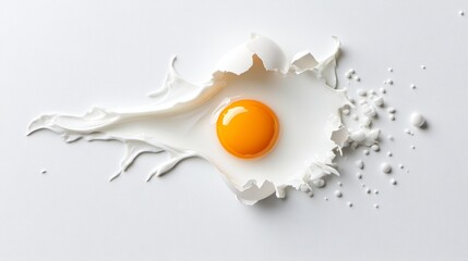 a broken egg resting on white background. The shell is partially crack, showing the inner contents: a raw egg yolk, which is large and round, sitting in a pool of egg white. The yolk is bright yellow