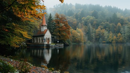 Fototapeta premium Tranquil Autumn Scene with Charming Church by the Lake