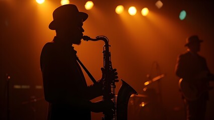 Silhouette of a Saxophonist Performing on Stage with Band in Dark, Orange-Lit Venue 