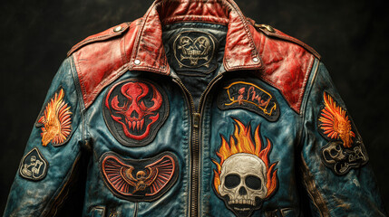 Obraz premium close-up blue denim jacket with patches of winged designs and skull for websites and blogs related to fashion,motorcycle culture,or edgy style