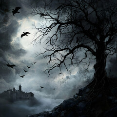 Dark Landscape with Silhouette of a Barren Tree Ravens and Castle