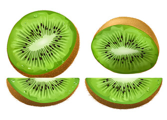 Fototapeta premium Side view, front and back kiwi fruit cut into four pieces, transparent background PNG