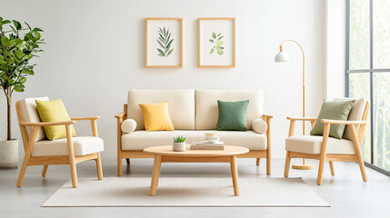 Cozy Living Room with Wooden Furniture Sofa Armchairs Coffee Table and Green Decorative Plants Pictures