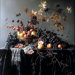 Dark Still Life with Abundant Autumn Fruits in a Gold Bowl