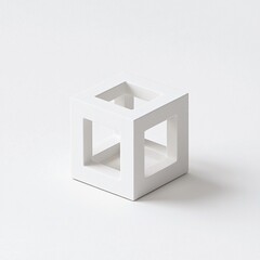 White impossible cube, optical illusion. Shadow cast on white backdrop. Geometric shapes