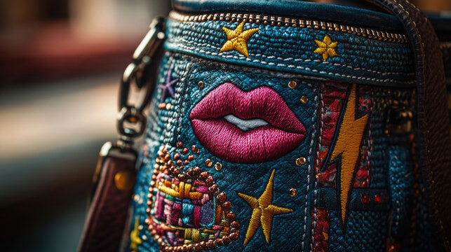 close-up shows blue bag decorated with colorful embroidered patches,including lips,stars,lightning bolt for fashion blogs or websites showcasing unique accessories and bold style