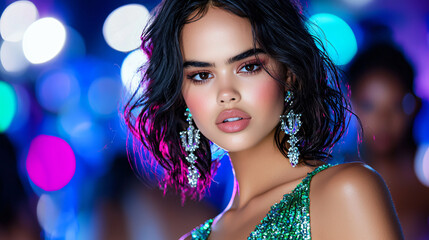 Fototapeta premium Glamorous Woman with Diamond Earrings Shines at Evening Celebration Party with Blurred Lights Backdrop