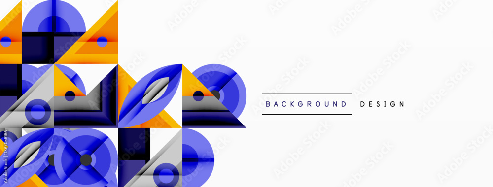 Poster Geometric abstract composition with intersecting shapes, circles, triangles, and gradients, blending vibrant colors and dynamic contrasts to create a modern, futuristic visual design