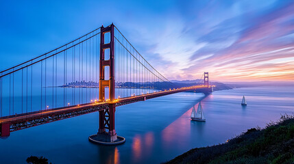 Fototapeta premium Golden Gate Bridge at Twilight with Boats on Bay Landscape Scenic View San Francisco Cityscape Beauty