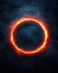 Fototapeta premium A glowing orange circle of fire contrasts with a dark, cloudy background, evoking a sense of mystery and intensity.