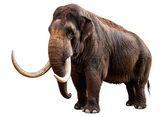 Obraz premium Woolly mammoth with long tusks and thick fur, isolated on a transparent or white background
