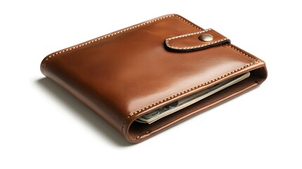 Stylish Leather Wallet with Partially Visible Banknotes on White Background