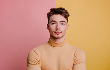 Obraz premium Stylish Young Man in Turtleneck Sweater Against Colorful Background