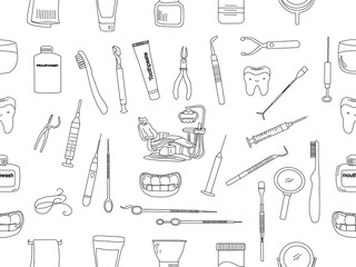 Dental tools. Dental care. Seamless Pattern with Dental Icons. Vector set of design templates and elements for Dental. Seamless patterns with linear icons related to Dental.
