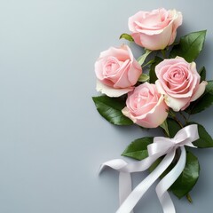 Four beautiful pink roses tied with a delicate white ribbon