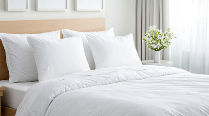Serene Bedroom Interior Featuring Plush White Bedding and Elegant Floral Arrangement Near Window Light
