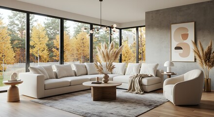 Fototapeta premium Minimalist home interior design of modern living room with concrete wall. 