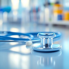 Stethoscope and pill on a table in a medical setting.