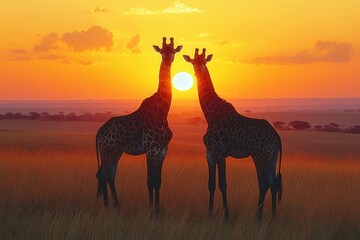 Giraffes Graze Gracefully Under a Vibrant Sunset on the African Savanna