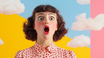 Woman displays surprised expression against colorful background with cotton clouds
