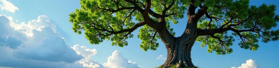 Fototapeta premium Towering tree with gnarled trunk and branches stretching towards the sky, bark, trees