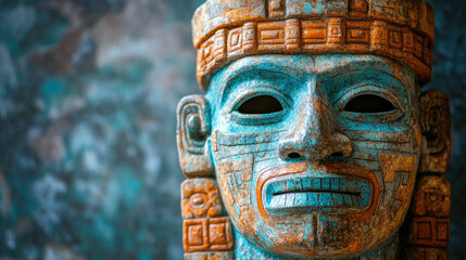 An ancient-looking, ornate mask, possibly Mayan or Toltec, with turquoise and orange tones. Suitable for history, archaeology, or cultural heritage websites and blogs.