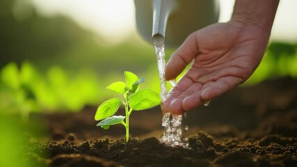 Showcasing the tenderness of agriculture: an old, hardworking farmer's hand tenderly irrigates a small sprout with a watering can, illustrating the dedication and nurturing spirit essential for sustai