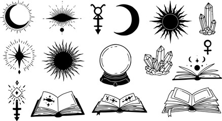 Modern hand drawn vector illustrations with magic symbols, crescent moon, sun, magic ball and books. Perfect for cards, embroidery, covers, prints
